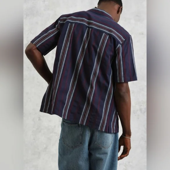 Wax London Men's Navy Dobby Striped Didcot Shirt L 100% Organic cotton NEW